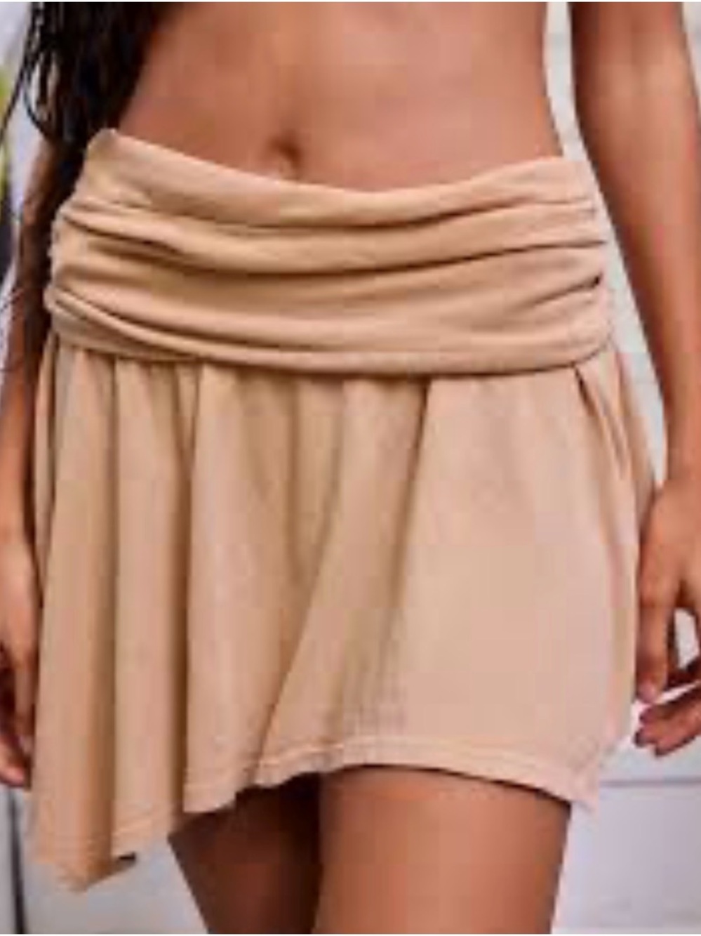 aerie Asymmetrical Fold-Over Waist Mini Skirt in Beige
